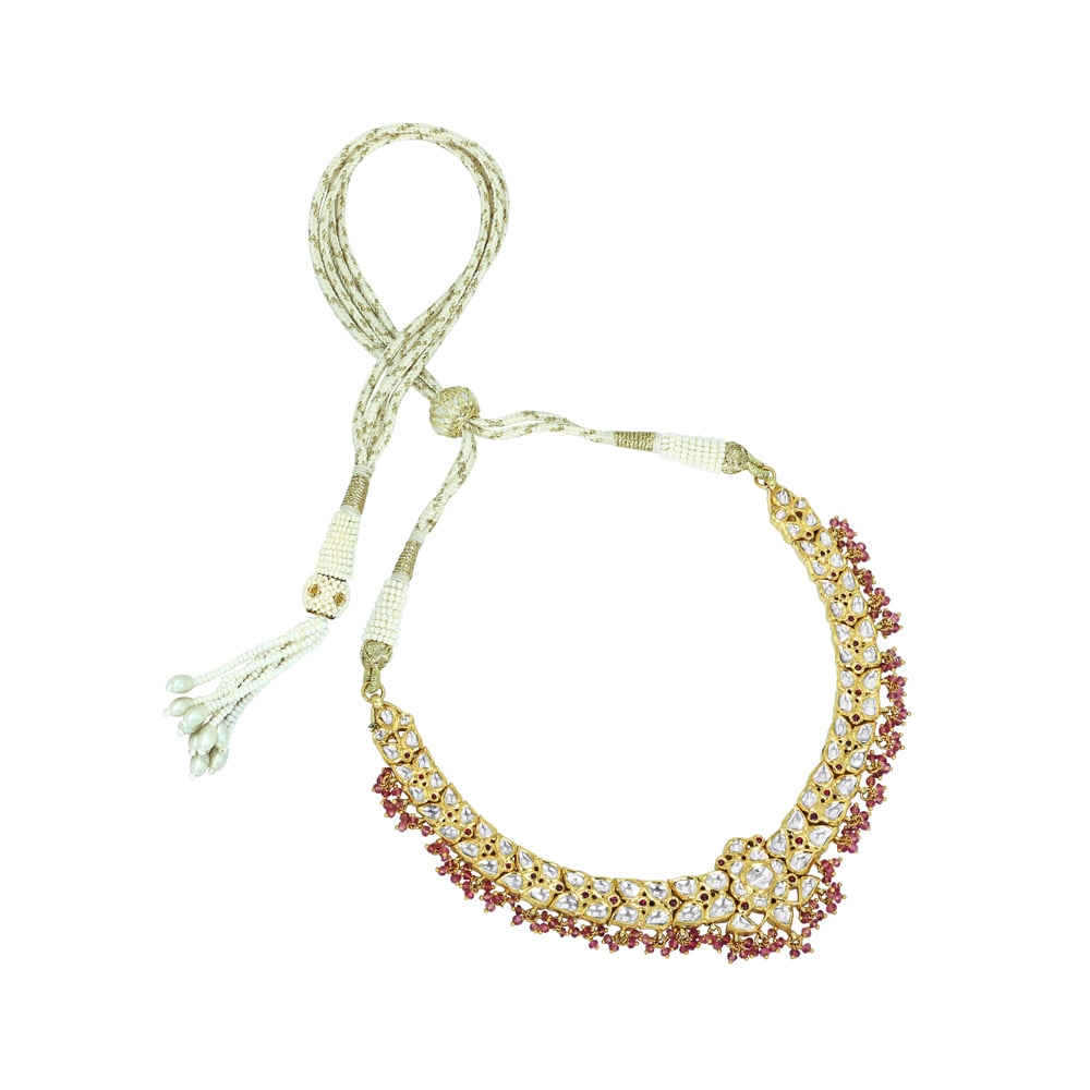Floral Polki Necklace with Tourmaline Beads and Ruby Accents